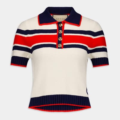 Women's Ecru/Navy Cotton Blend Polo Shirt                                   