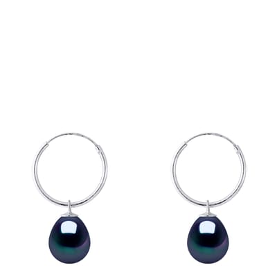 Silver & Black Freshwater Pearls Pear Earrings 8-9 mm