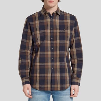 Navy/Brown Check Cotton Linen Blend Shirt