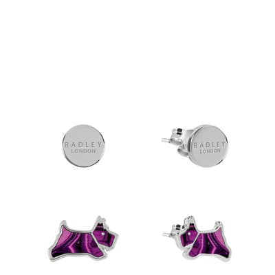 Dukes Place Silver Plated Round Disc and Purple Malachite Coloured Resin Jumping Dog Twin Pack Earring Set
