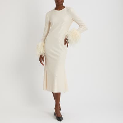 Cream Feather & Sequined Dress UK 10