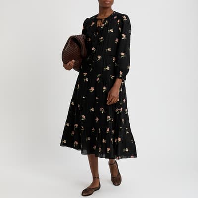 Black Floral Tierred Midi Dress UK 12