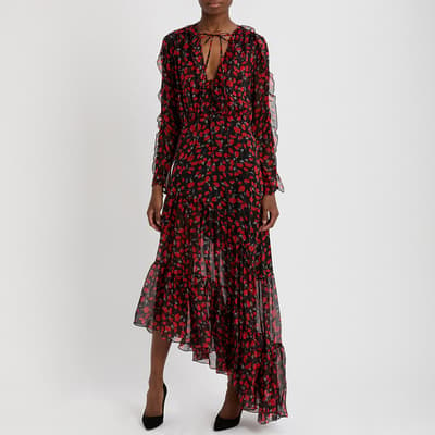 Black Floral Printed Silk Midi Dress UK 10