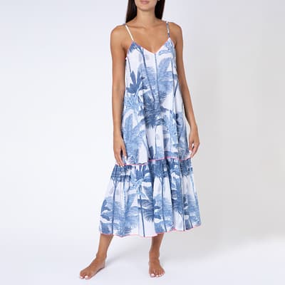Blue Palm V-Neck Midi Dress