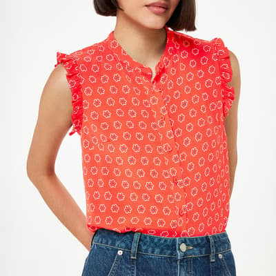 Red Flower Charm Frill Sleeve Top