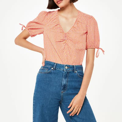 Pink/Orange Ditsy Ruched Front Cotton Top 