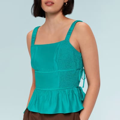 Turquoise Tie Side Shirred Silk Blend Top