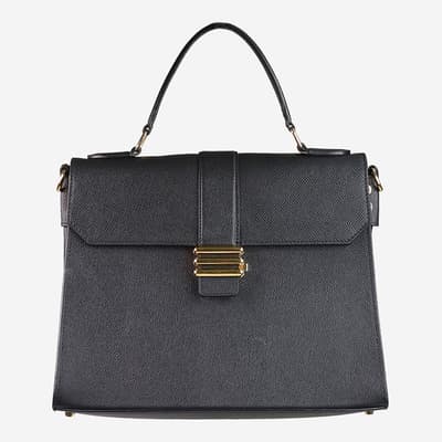 Black Grained Leather Flat Top Handle Bag
