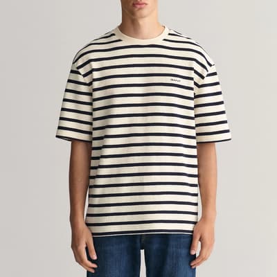 White/Black Striped Textured Cotton T-Shirt
