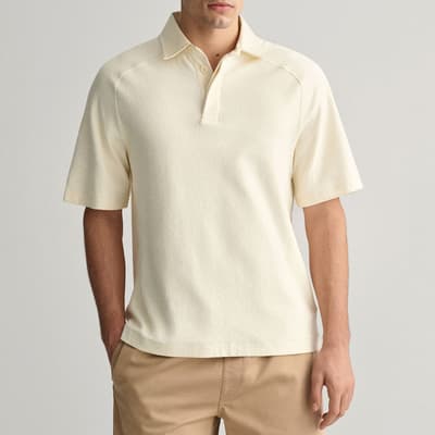 Cream Raglan Heavy Rugger Cotton Blend Polo Shirt