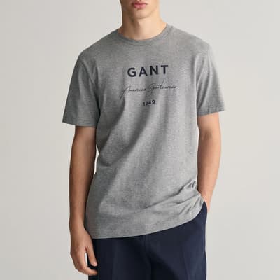 Grey Logo Script Printed Cotton T-Shirt