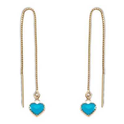 18K Gold Heart Blue Enamel Threader Earrings