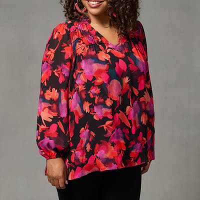 Pink Floral Print Ruched Front Blouse