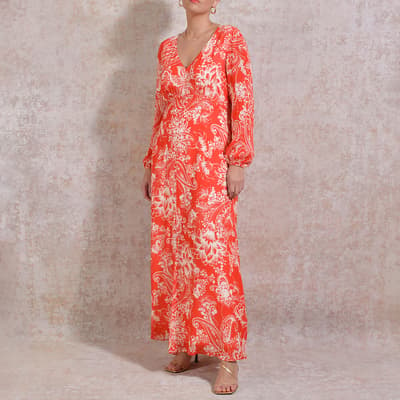 Red Floral Print Maxi With Blouson Sleeves