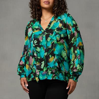 Blue Floral Print Frill Front Blouse