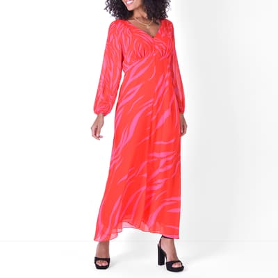 Red/Pink Zebra Print Maxi Dress With Blouson Sleeves