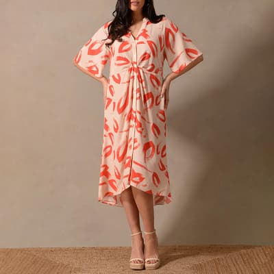 Red Brushstroke Print Ruched Front Shirt Dress