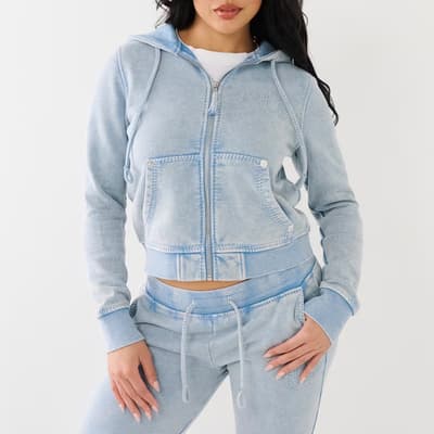 Washed Blue Classic Zipped Cotton Blend Hoodie