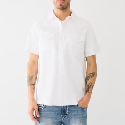White Woven Short Sleeve Cotton Shirt