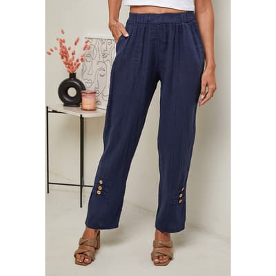 Navy Elasticated Linen Trousers