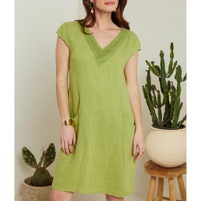 Green V-Neck Linen Mini Dress