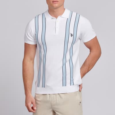 White Stripe Knit Cotton Blend Polo Shirt