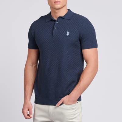 Navy Textured Knit Cotton Polo Shirt