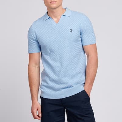 Light Blue Textured Revere Knit Cotton Polo Shirt