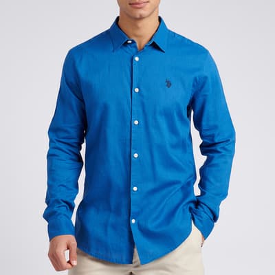 Blue Linen Blend Long Sleeve Shirt