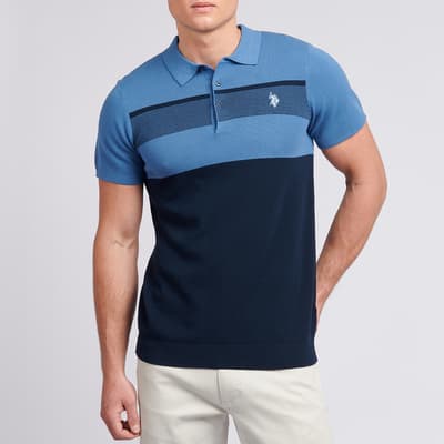 Blue Colour Block Knit Cotton Blend Polo Shirt