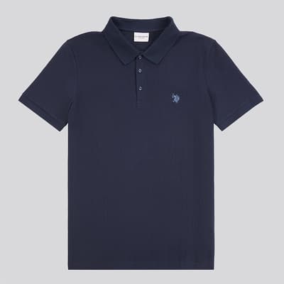 Navy Textured Cotton Polo Shirt