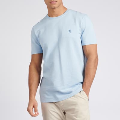 Pale Blue Textured Cotton Blend T-Shirt