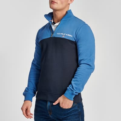 Blue Half Zip Colour Block Cotton Sweatshirt
