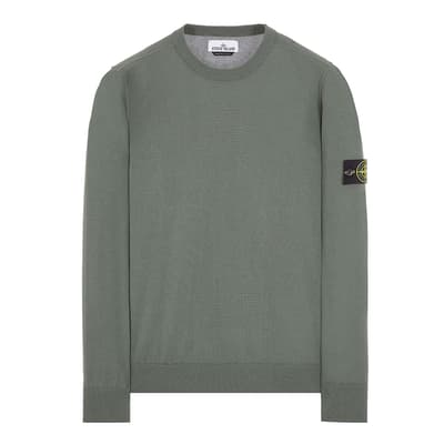 Green Ribbed Crew Neck Cotton Jumper