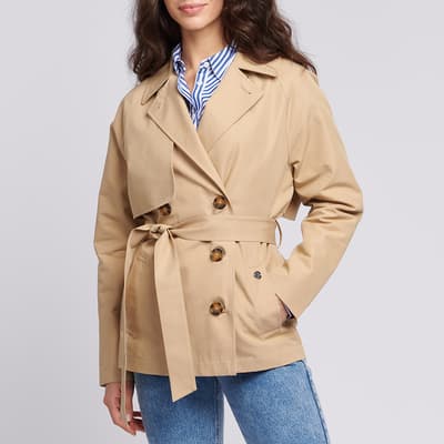 Beige Double Breasted Short Cotton Trench Coat