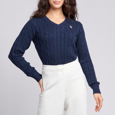Navy Crew Neck Cable Knit Cotton Jumper
