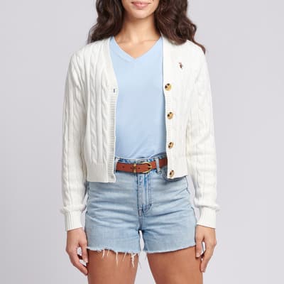 White Cable Knit Cropped Cotton Cardigan