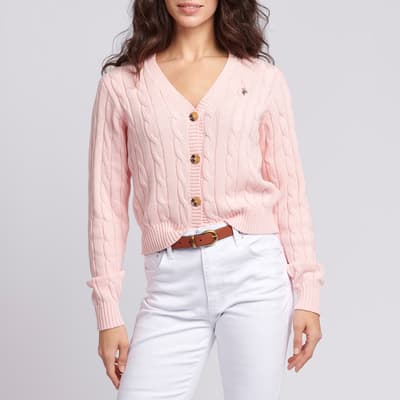 Pink Cable Knit Cropped Cotton Cardigan