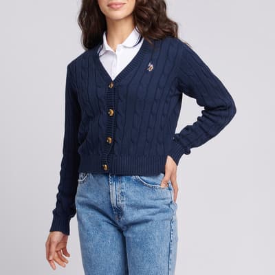 Navy Cable Knit Cropped Cotton Cardigan
