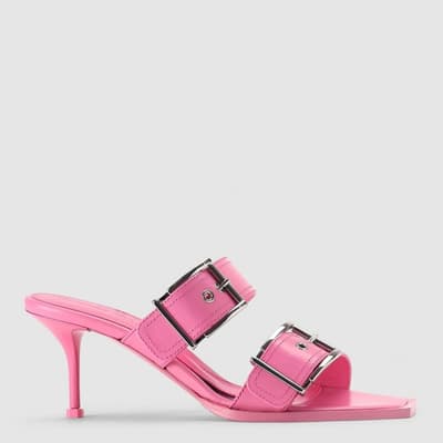 Pink Double Buckle Punk Heeled Mules