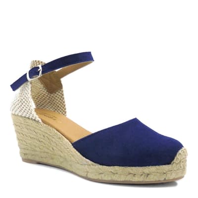 Navy Suede Closed Toe Espadrilled Wedges