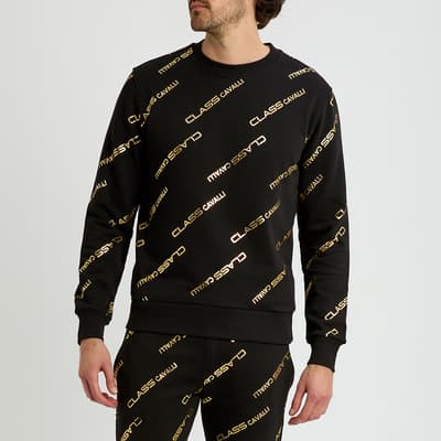 Black/Gold Monogram Print Fleece Sweatshirt