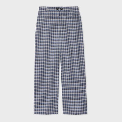 Blue Check Wool Blend Trousers