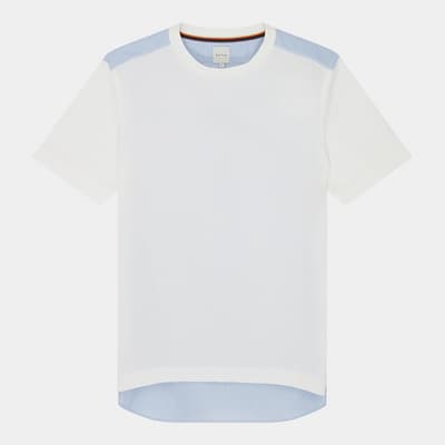 White/Blue Contrast Panel Cotton T-Shirt