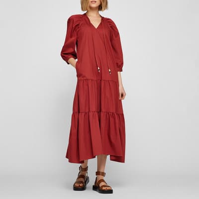 Red Depera Cotton Blend Tiered Midi Dress