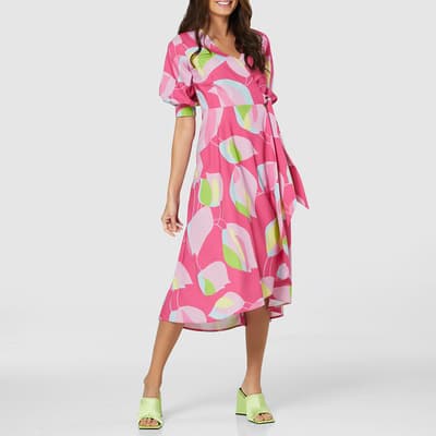 Pink Floral Print Puff Sleeve Wrap Midi Dress