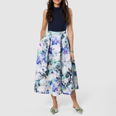 Navy Blue  2-in-1 Floral Print Skirt Dress