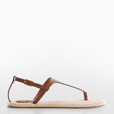 Brown Leather Thong Flat Espadrilles