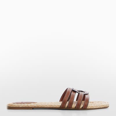 Brown Leather Contrast Strap Flat Sandals
