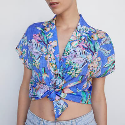 Blue Short Sleeve Tropical-print Shirt